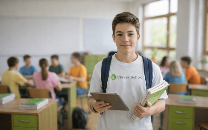 Učenik u Clever School majici sa tabletom i knjigama u učionici